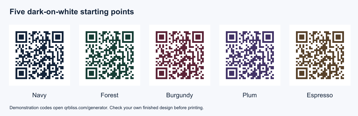 Five sample QR codes on white backgrounds