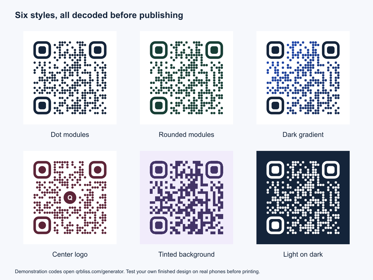 Six styled QR codes: dot modules, rounded modules, a dark gradient, a center logo, a tinted background, and light modules on a dark background