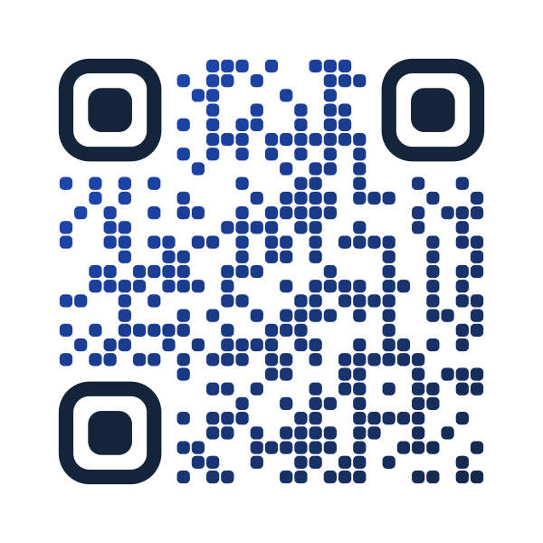 A QR code with a gradient from cobalt blue to navy across the modules and solid navy corner eyes